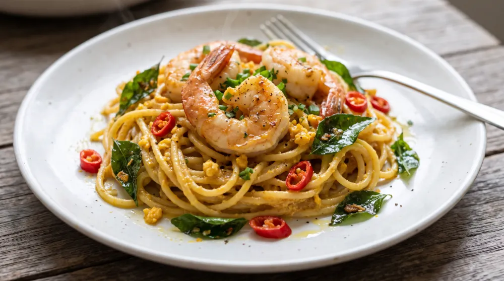 SALTED EGG PASTA WITH PRAWN